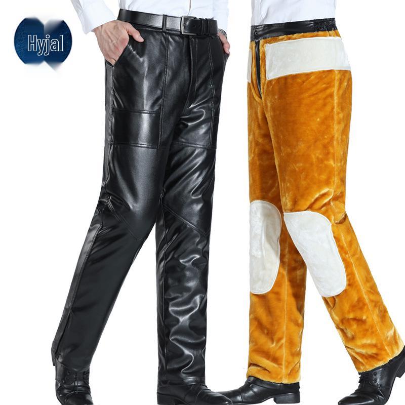 Men's Double-Layer PU Leather Motorcycle Pants with Knee Pads and Waist Support, Fleece-Lined for Warmth