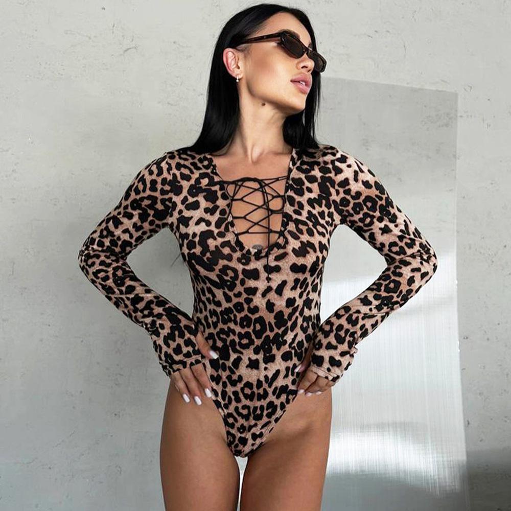 2026 Autumn Women's Leopard Print V-neck Tie-up Long Sleeve Jumpsuit