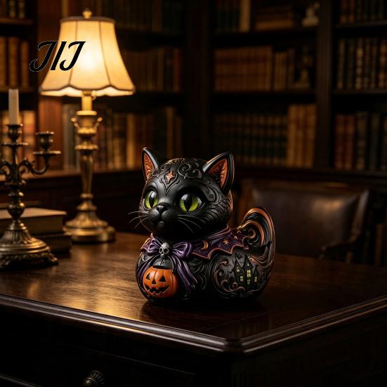 Halloween Duck Figurine Midnight Witches Cat Figurine, Spooky Black Statue Home Accents with Pumpkin Lantern, Decoration for Tabletop Office