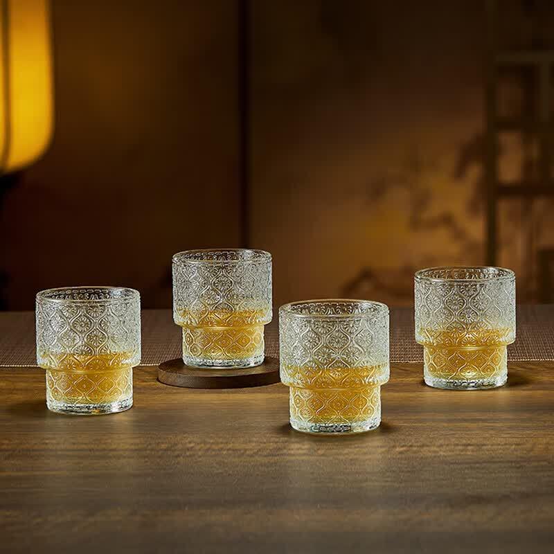 BOLIDOMI Chinese Retro Embossed Glass Cup 4-Piece Set