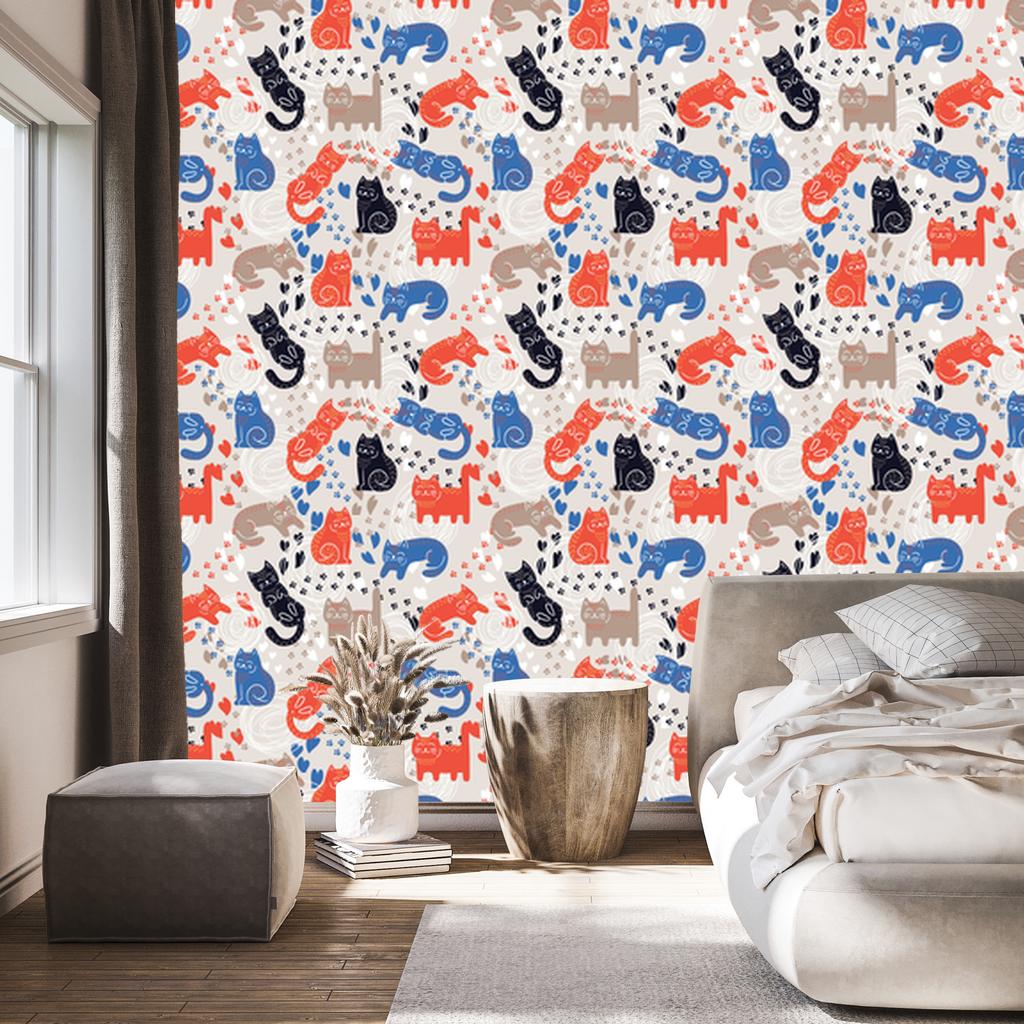 Colorful Kittens Wallpaper in Scandinavian Style for Living Room and Bedroom 50x1000