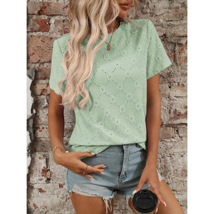 Summer Round Neck Short Sleeved Imitation Embroidery Flower Jacquard Top T-shirt for Women Shirt