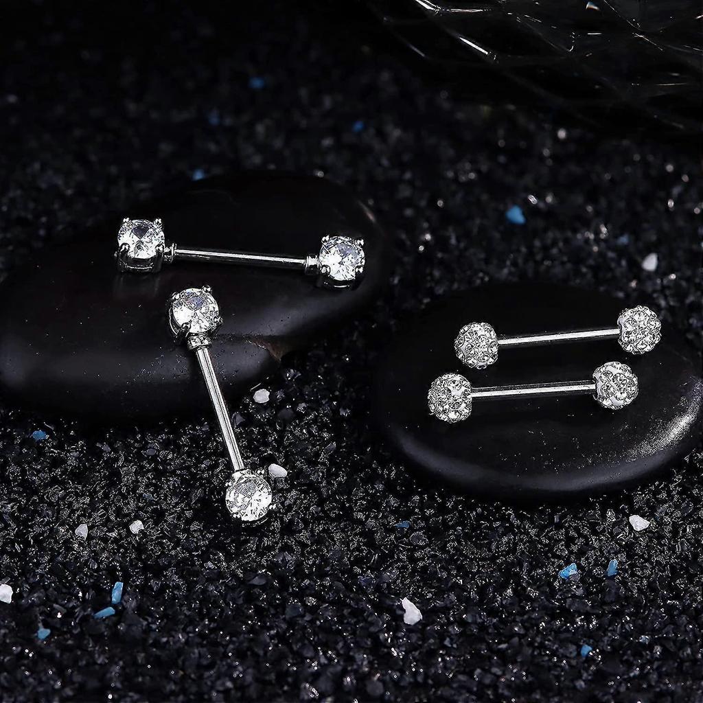 Katea 2 Pairs 316l Stainless Steel Nipple Rings Barbell Crystal Ball Piercing Nipple Cz Tongue Rings 14g S