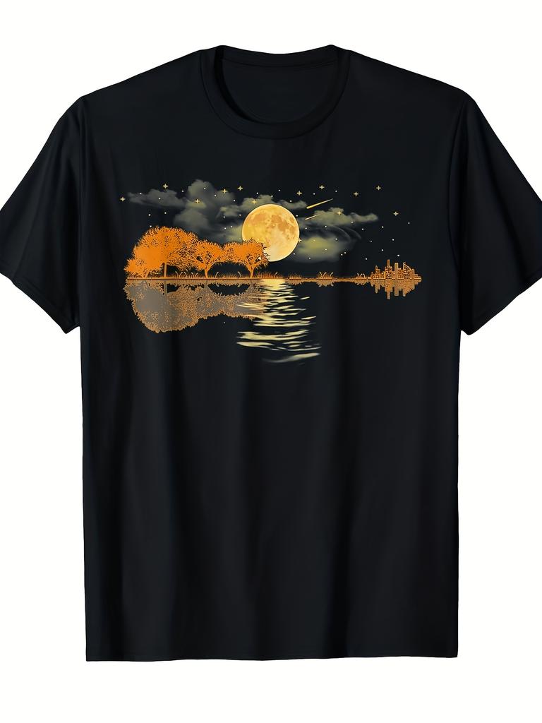 Guitar Lake Reflections Love Musician Acoustic Guitar T ShirtLightweight Breathable Men's and Unisex's C Sleeve Crew Neck Shirt