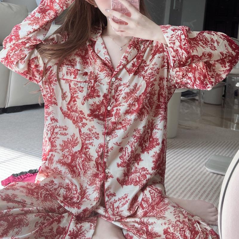 Maple Leaf Printed Pajamas Women'S Spring And Summer High-End Gentle Wind Lapel Cardigan Trousers Home Suit Outer Wear