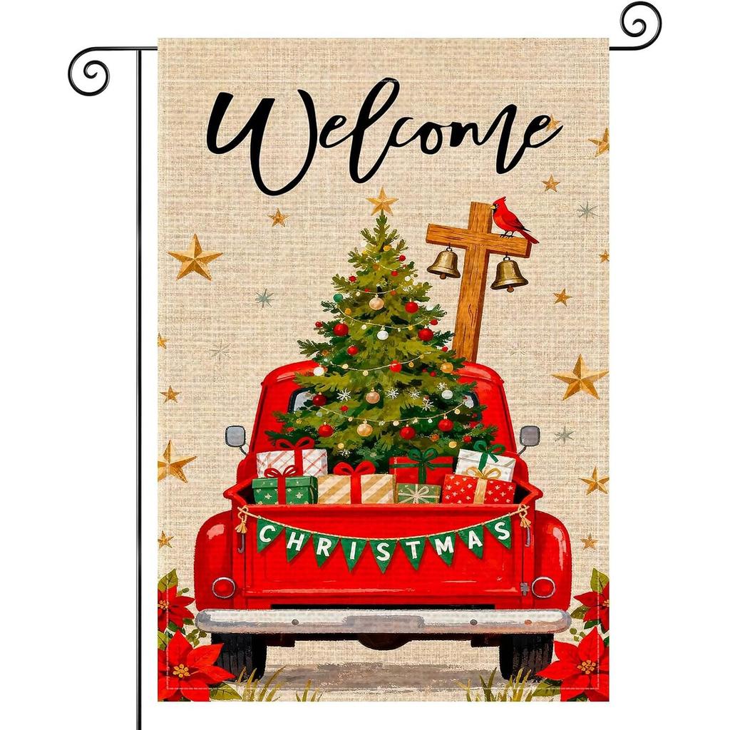 Welcome Garden Flag Double-Sided Red Truck Christmas Tree Cardinal Bells Seasonal Flags Christmas Holiday Decor for Patio Lawn Decoration