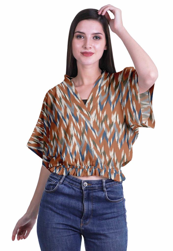 Moomaya Printed Boxy Sleeve Tops For Women V-Neck Elastic WaistA  Kimono Top