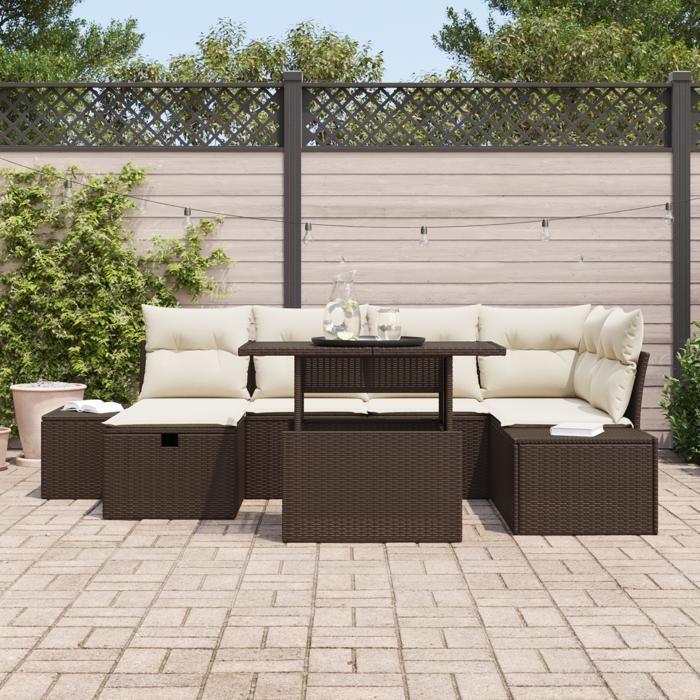 VidaXL Ensemble de Canapés de Jardin 7 Pièces avec Coussins Marron en Rattan Poly 3359875