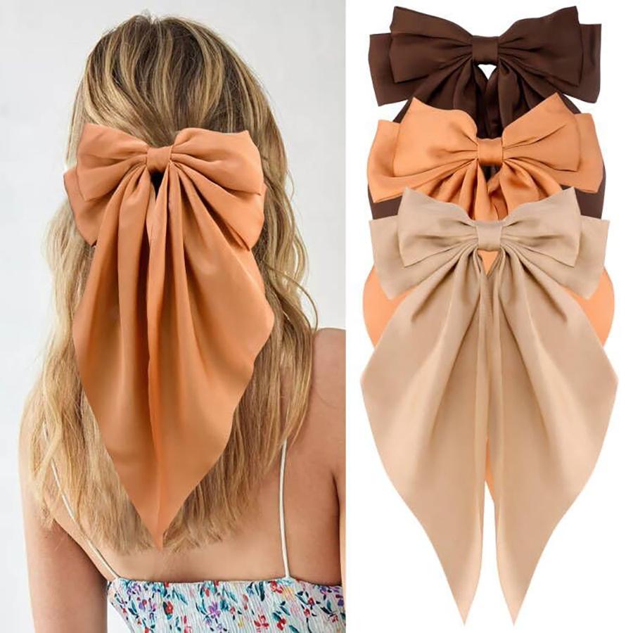 3Pcs Large Elegant Ribbon Bow Hair Clip for Women Simple Solid Color Satin Ponytail Bowknot Hairpins Barrettes Hair Accessories
