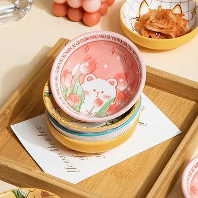 3.5 Inch Japanese Style Ceramic Dessert Sauce Dish Tableware Creative Cute Cartoon Pet Pattern Circular Shape Fruit Sushi Plates