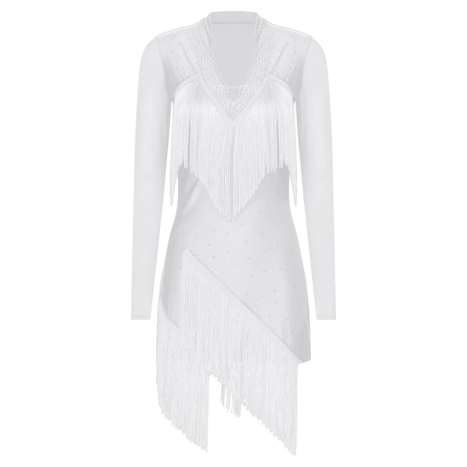 

Жіноча латиноамериканська танцювальна сукня з V-подібним вирізом та довгим рукавом, блискуча бахрома зі стразами, костюм для виступів танго, румба, ча-ча-ча M