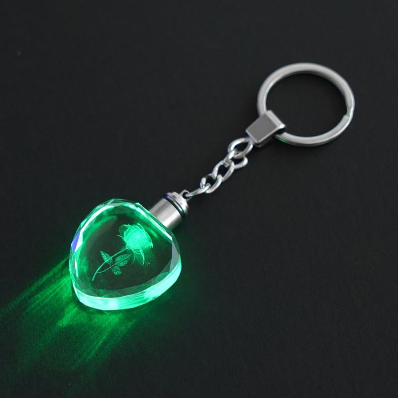 Fashion Colorful Fairy Rose Flower Pattern Love Shape Crystal Rhinestone Led Light Keychain Lover Key Chain Keyring Jewelry