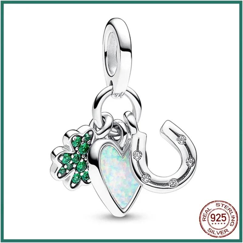 925 Sterling Silver Green Four Leaf Clover Horseshoe Charm Earrings Pendant Necklace Bracelet Jewelry Set