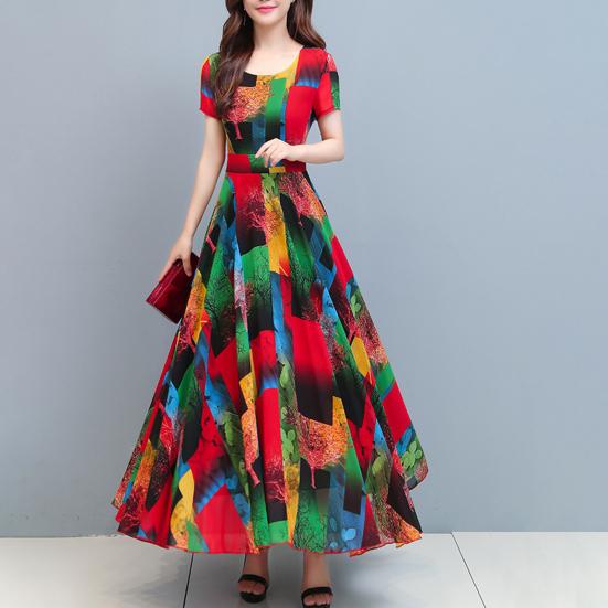 Kobiety ubierają kolorowy nadruk z dużym obszyciem Letnia długa sukienka w kształcie litery A Streetwear