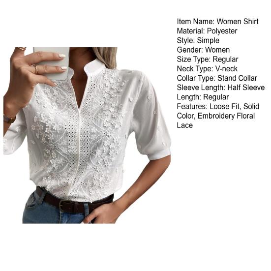 Frauen Casual Shirt Stickerei Floral Spitze Einfarbig Pullover Tops Stehkragen V-ausschnitt Halb
