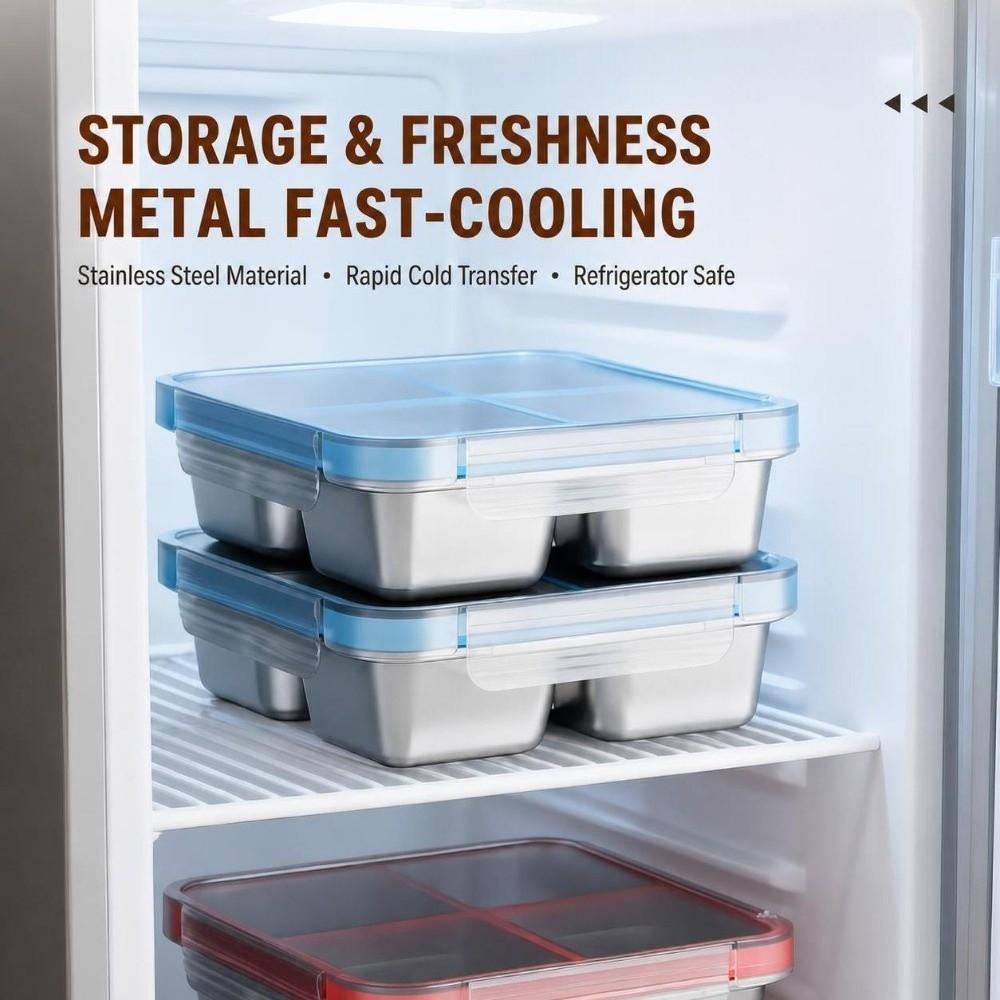 4 Grid Square Sealed Snack Box 304 Stainless Steel Thermal Lunch Box  School Office