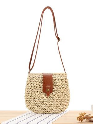 Bolsa de Ombro de Ráfia Trançada Estilo Mori para Praia