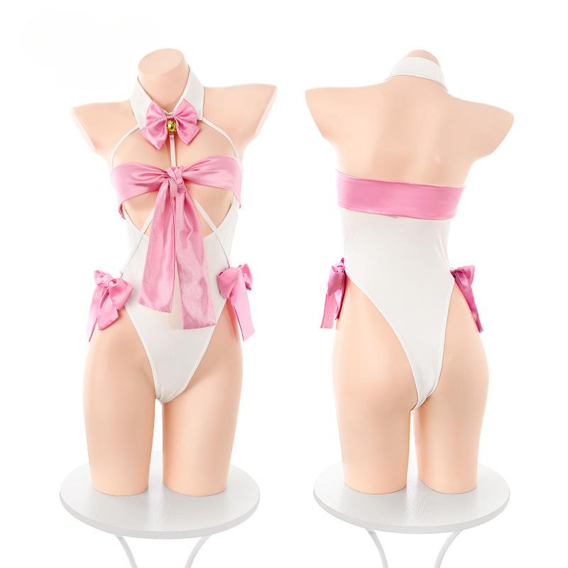 Sexy Lingerie Cat Girl Three-Point Uniform Roleplay Charming Perspective Jumpsuit Passion Cosplay Devil Hollow Bodysuit with Headwear Stockings