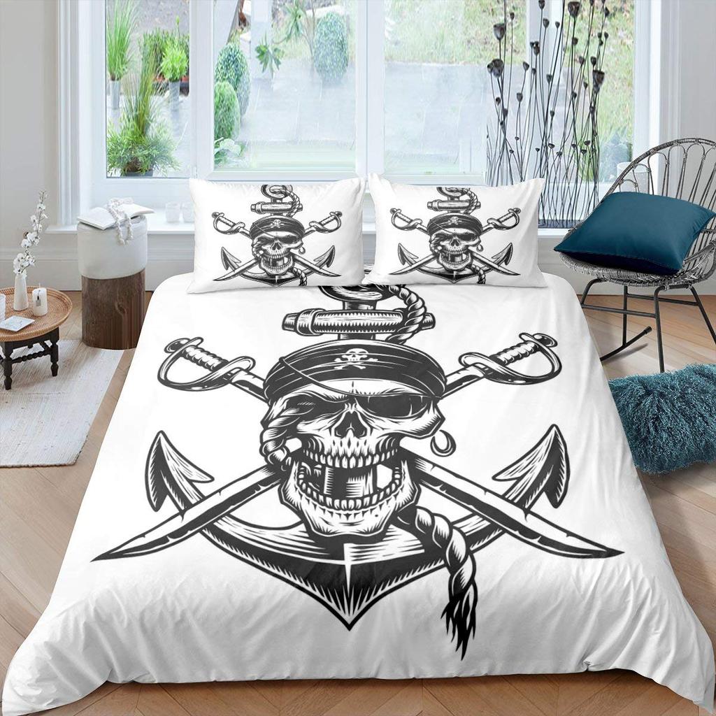 Pirátský povlak na přikrývku Žraločí zátoka Ostrov Tortuga Karibské vody Retro Jolly Roger Hořčicově modrá Dekorace do ložnice Ženy Děti Muži