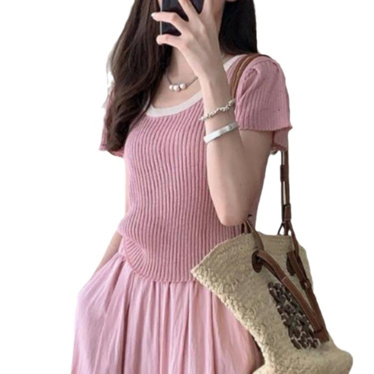 Fashion Clashing Color Knit Short Sleeve T-shirt Women Summer Round Neck Slim Short Unique Chic Small Tops Casual Essential Slim Fit Pullovers Tees