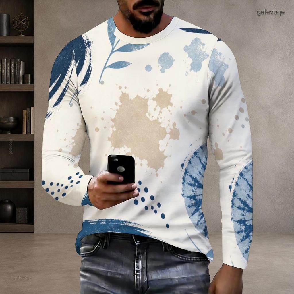 Men Plus Size Round Neck Long Sleeve Printed T Shirt White Blue Khaki Casual Pullover Straight Hem