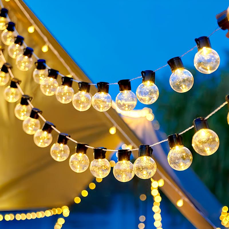 Solar LED Camping String Lights - G40 Bulb Planet Shape with USB Charging 20 Lights, 5m, Transparent Bulbs