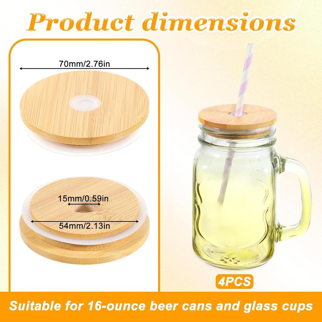 Bamboo Lids for Glass Cups with Straw Hole Reble Wooden Cup Lids Replacment Wood Lid Cover for Mason Jar Regular Mouth Beer Glasses Drinking Jars