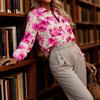Spring New Temperament Elegant Pink Flower Print Long-sleeved Shirt Commuter Casual Sleeve Top