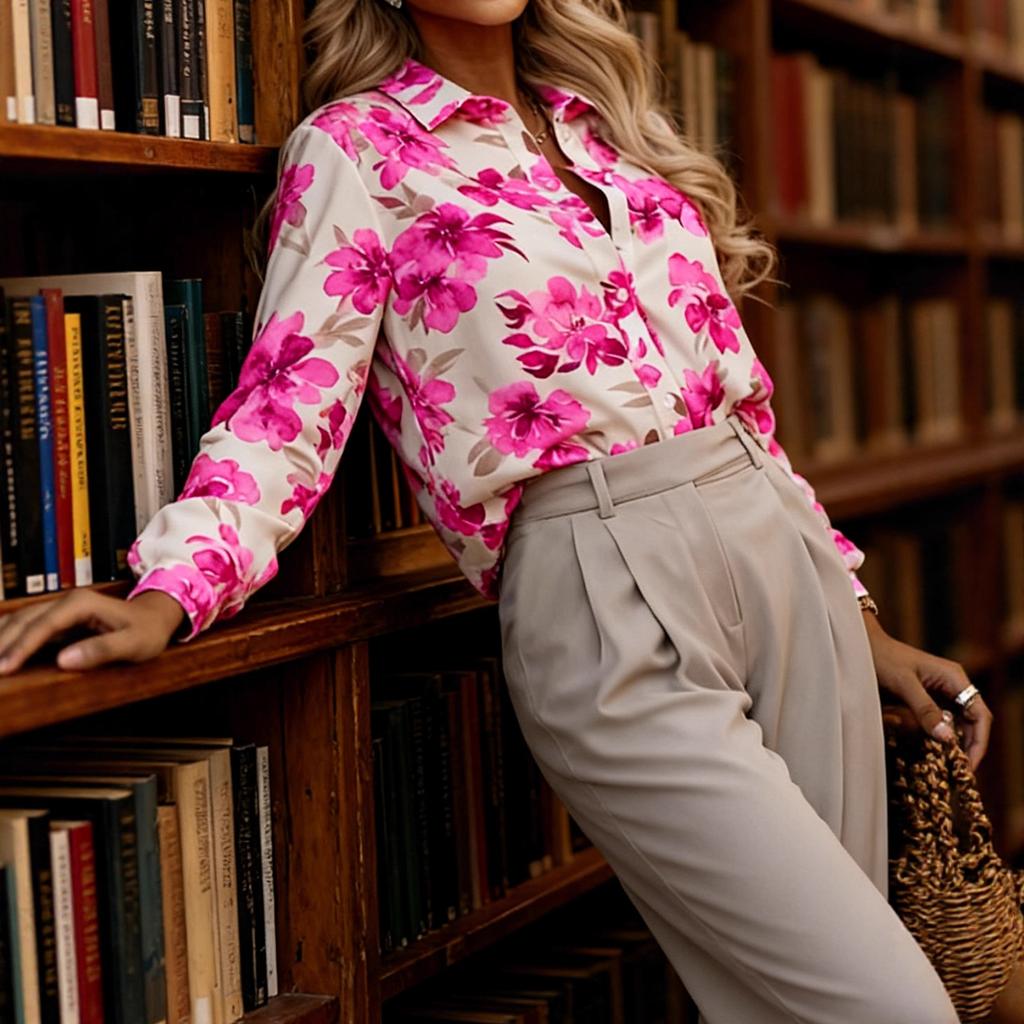 Spring New Temperament Elegant Pink Flower Print Long-sleeved Shirt Commuter Casual Sleeve Top