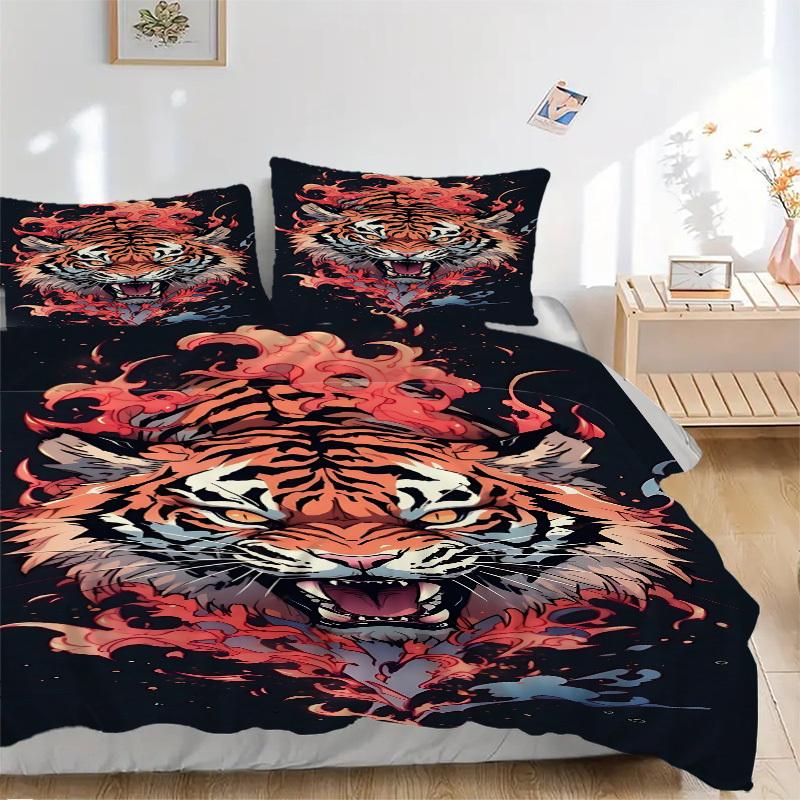 

3PCs Tiger Flame Design Design Cover Set, Breathable Fabric, Machine Washable (1 Duvet Cover + 2 Pillowcases) (Without Quilt) yy250911169 135x200cm