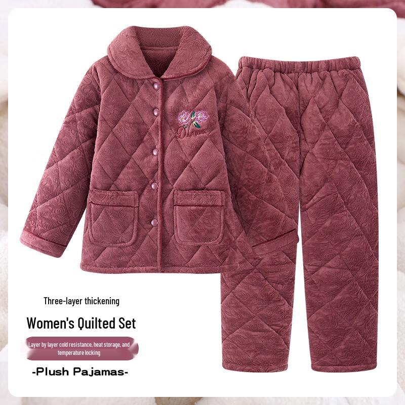 Langsang Women's Elderly Winter Quilted Thermal Pajama Set