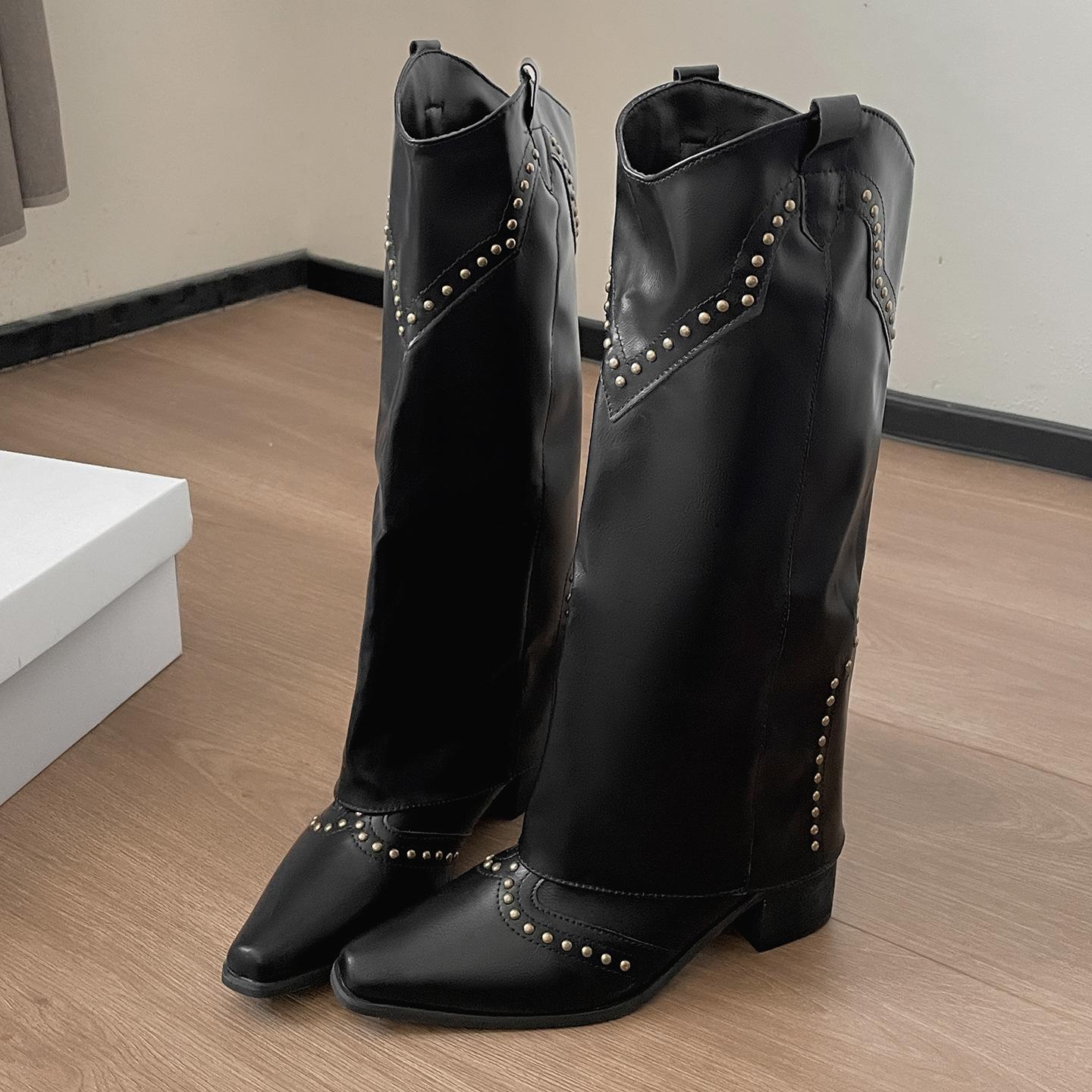 

Queen Fan retro thick-heeled boots children s boots 2025 new autumn heightening with skirt pointed trouser boots 35 чёрный