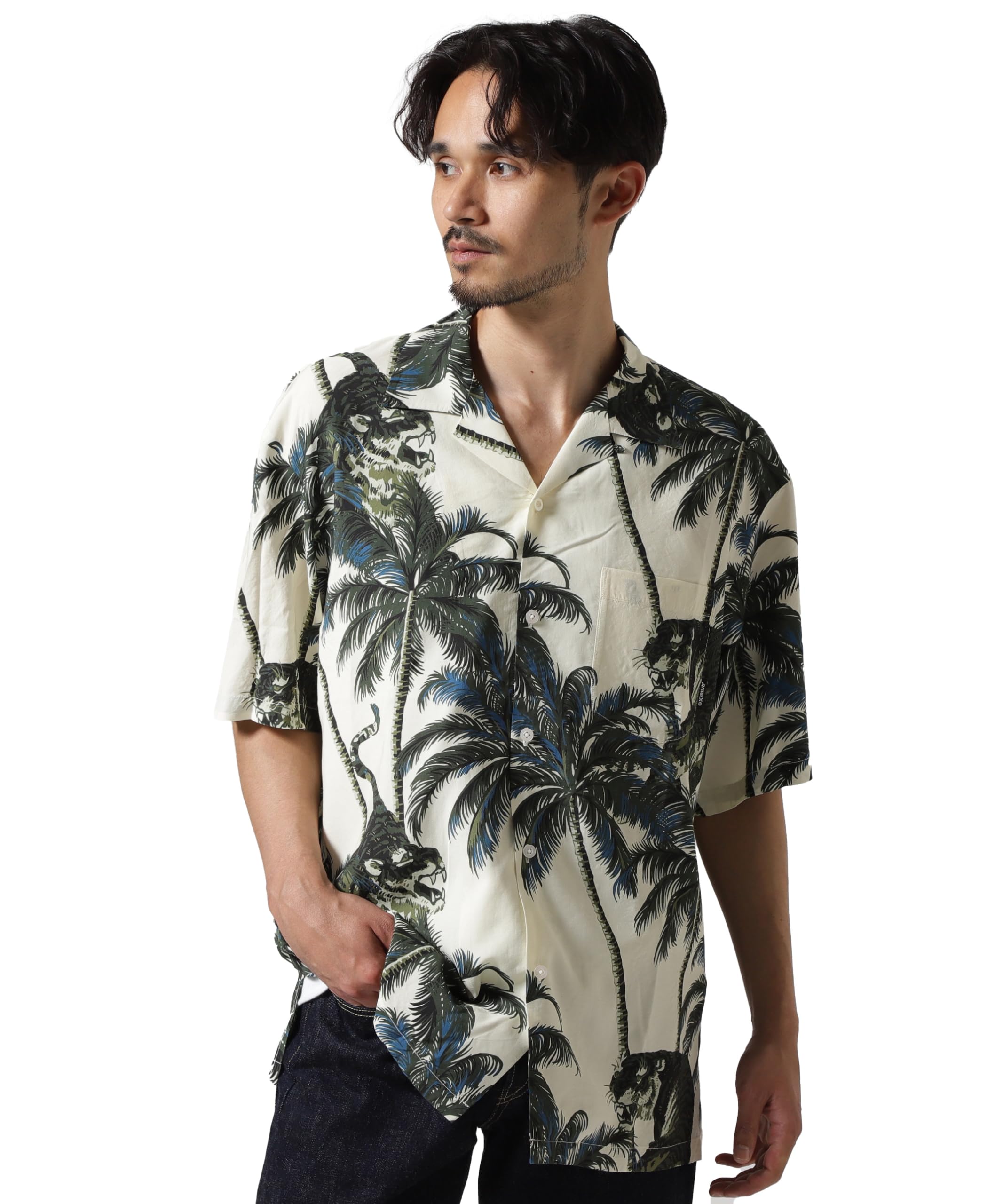 AVIREX ALOHA SHIRT TIGER & PALM TREE men s 2XL 030 white 783-5123006