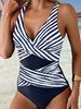 Swimsuit Women V-Neck Swimwear Spliced Striped Fashion One Piece Bodysuit Swimming Suit Summer Fashion Bathing Bikinis