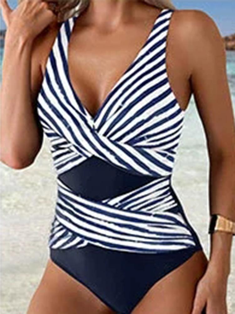 Swimsuit Women V-Neck Swimwear Spliced Striped Fashion One Piece Bodysuit Swimming Suit Summer Fashion Bathing Bikinis