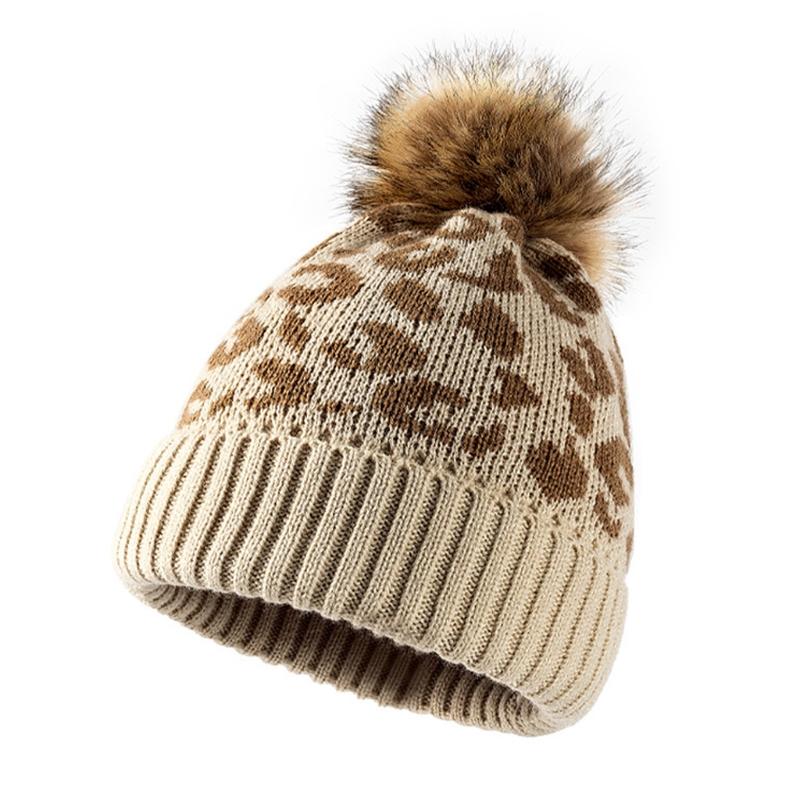 Leopard-print Knitted Wool Cap Soft Stretch Thick Knitted Cap Women Beanie for Cold Weather Winter Warm Accessories