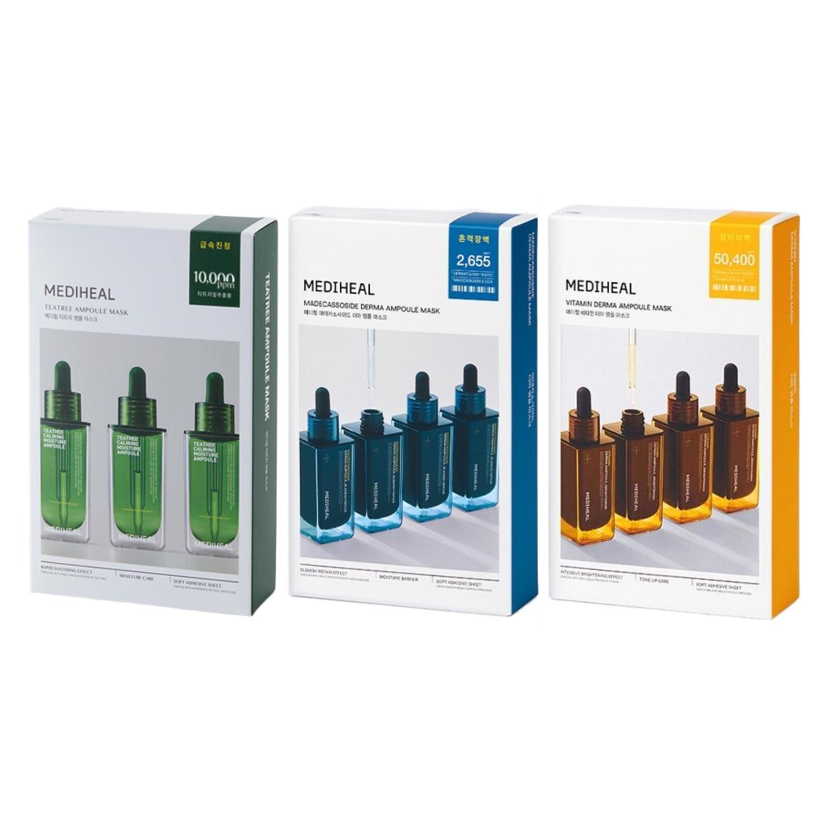 MEDIHEAL Best Ampoule Mask 3-Type 30-Pack Set (Teatree + Madecassoside + Vita) Soothing Brightening Sheet Masks 25ml