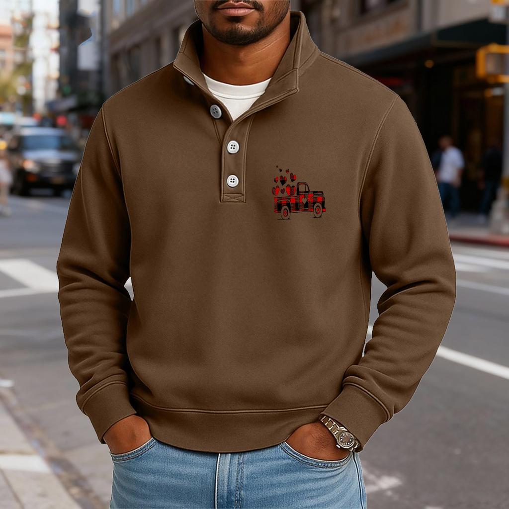 Men's Casual Stand-Up Collar Long-Sleeve Top Print Button-Down Sweatshirt