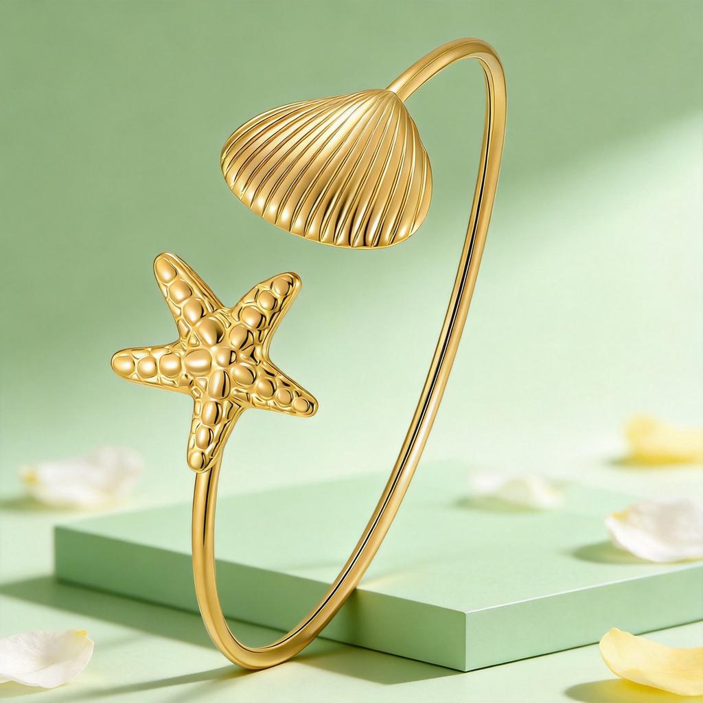 Minimalist Starfish Shell Cuff Bracelet for Women Gold Color Stainless Steel Bangle Ocean Style Bracelets Fashion Wrist Jewelry