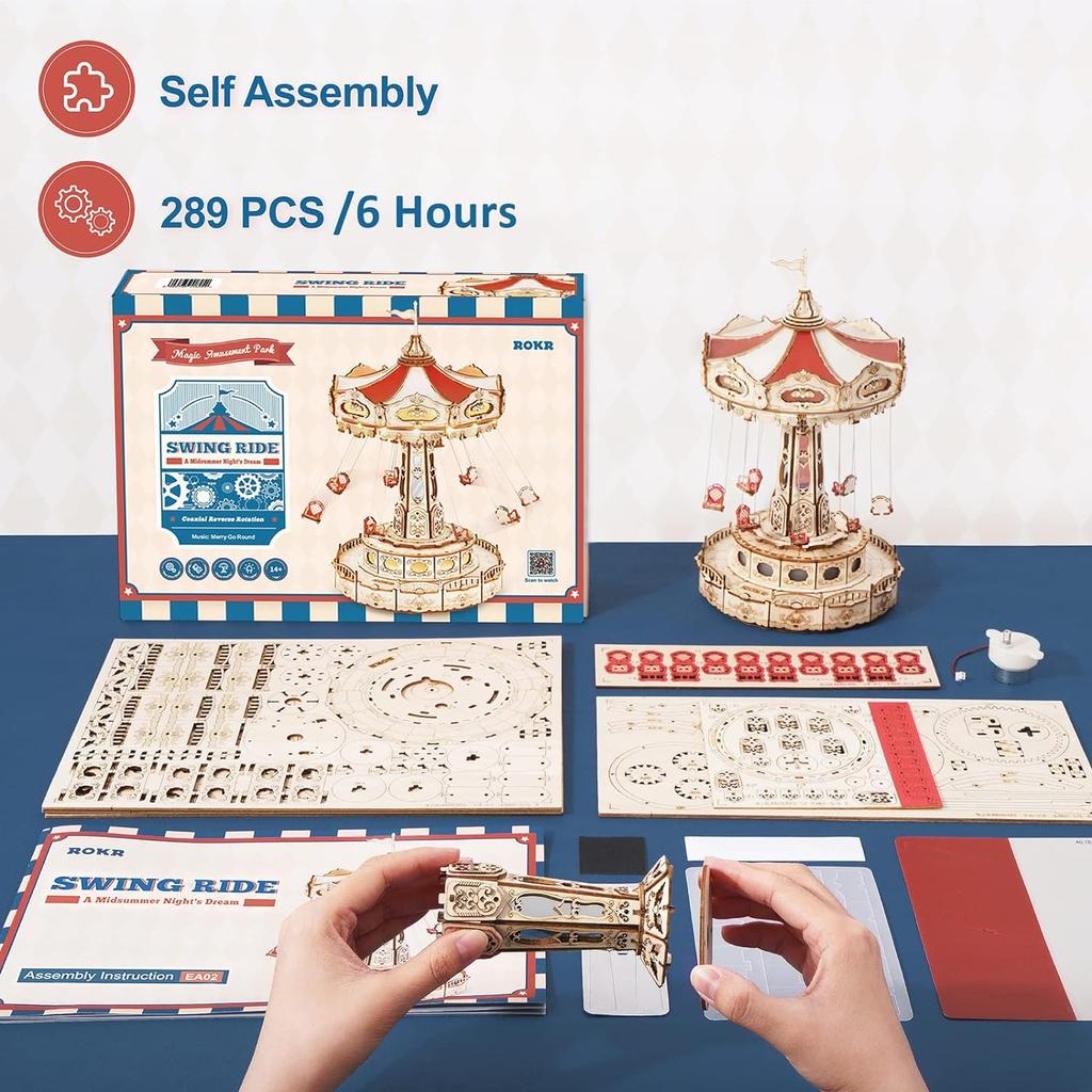 ROBOTIME ROKR 3D Puzzles for Adults-Projects for Teens-LED Swing Ride Model Building Kit-Music Box DIY Kit-Gift for Teens and Adults