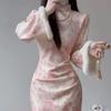 2026 Pink Qipao: Elegant Long Sleeve Winter Slimming Dress with Waist-Cinching Plus-Velvet.