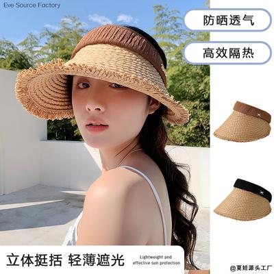 Sommerhut Damen Sonnenschutz Schattenspender Raffia gewebter Strohhut Leere Oberseite Küste Strand Großer Rand Sonnenhut