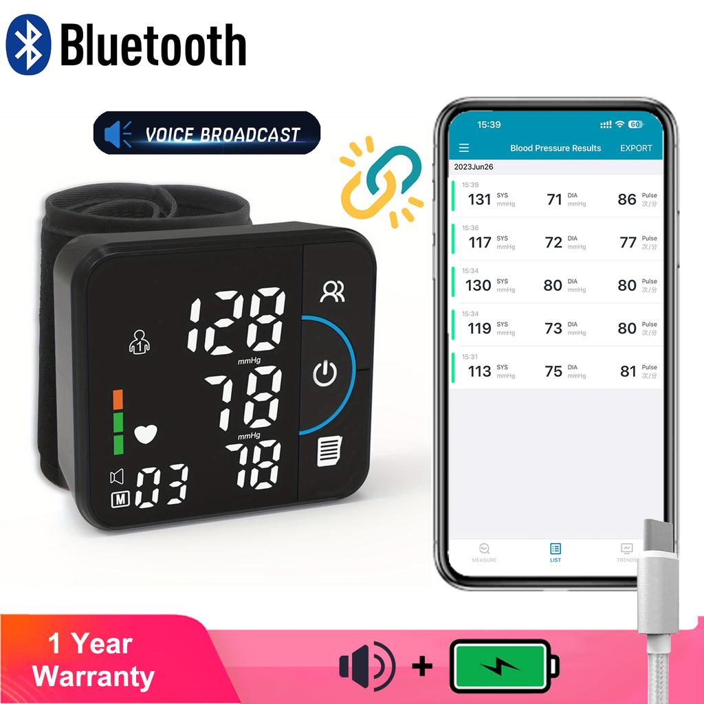 Digital Blood Pressure Monitor Upper Arm Bluetooth App Voice Broadcast LED Display Rechargeable BP Machine for Adults Elderly