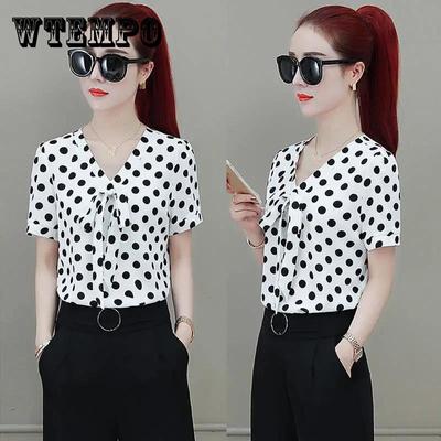 Polka Dot Chiffon Shirt Women Short Sleeve Loose Top Cover Belly Shirt Shirt Black and White Temperament Elegant Office Lady Summer