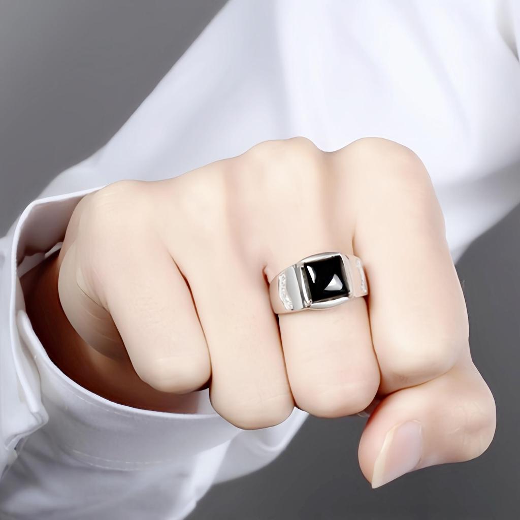 Men's Adjustable Black Agate Square Ring with Black Diamond - Korean Style and Smooth Finish