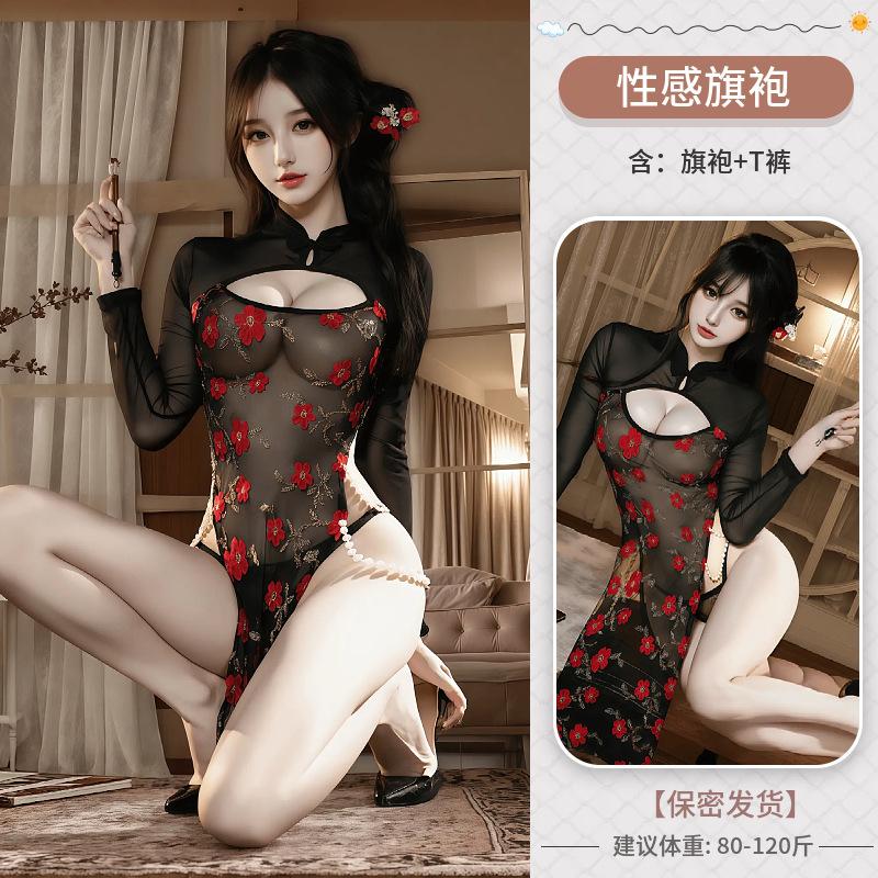 Sex underwear, sexy women's suspenders, one-piece colorful mesh, perspective cheongsam, new colorful mesh temptation