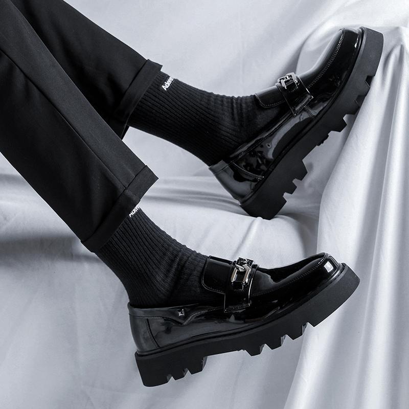 Derby men's leather shoes Gentleman British Style Party Street daily outdoor Trendy youth shoes Classic Black Thick bottomed