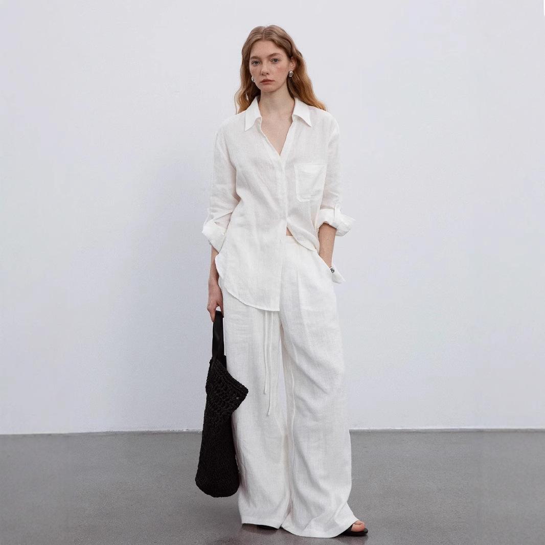 

Early Autumn V-Neck Sun Protection Shirt & Drawstring Casual Pants Set C0302 White Loose Long Pants