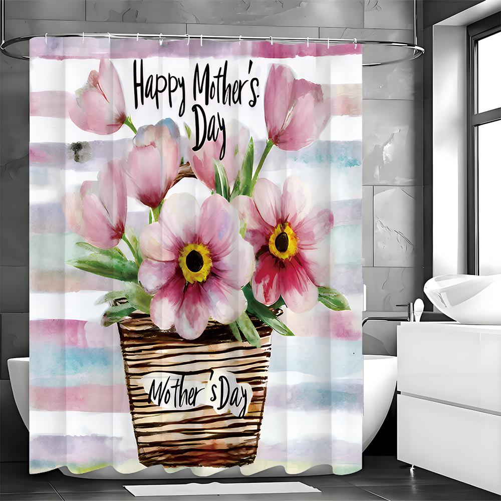 Mother's Day Colorful Flower Shower Curtain, Bathroom Decorative Shower Curtain, Waterproof Shower Curtain with Hooks