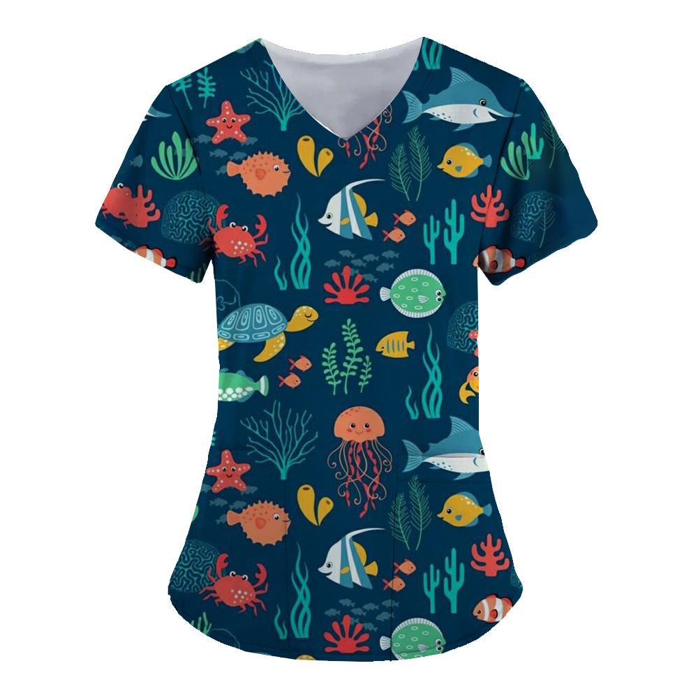 Marine life patterns Healthcare Uniform Nurse Clinic Nursing Workwear Hospital T-shirt Fashion Short Sleeve Blouse Women Medical
